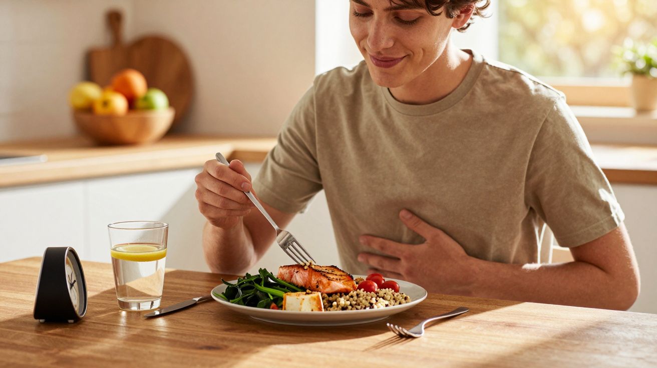 Pessoa a comer salmão com legumes, cuscuz e água. Relógio na mesa e fruteira ao fundo.