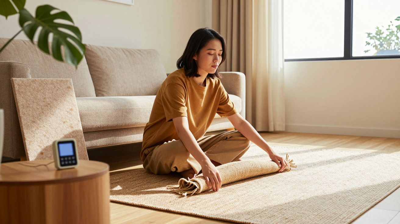 Mulher de roupa bege enrola um tapete na sala iluminada pelo sol, com sofá e planta ao fundo.