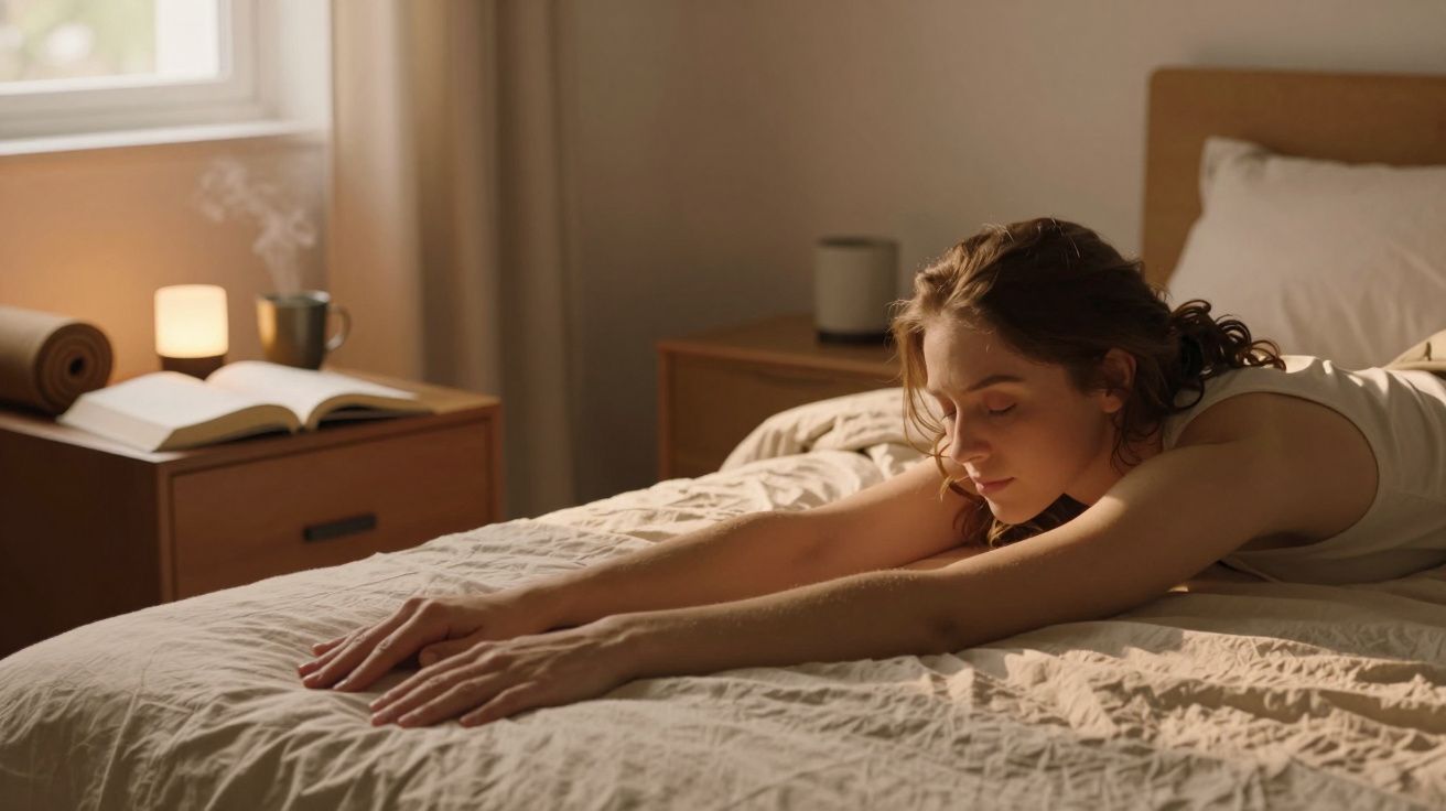 Mulher deitada na cama ao lado de uma mesa com livro aberto, vela acesa e caneca.