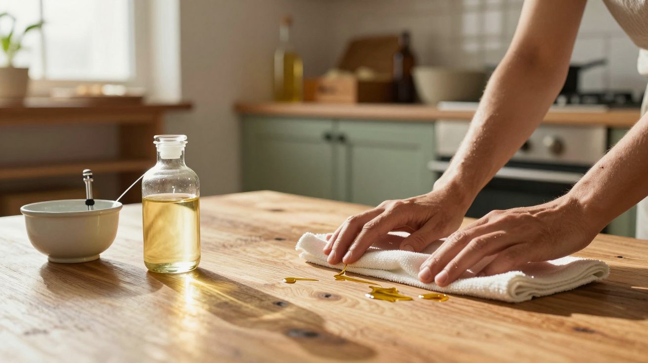 Mãos limpam derrame de líquido dourado numa bancada de madeira, com frasco e tigela ao lado.