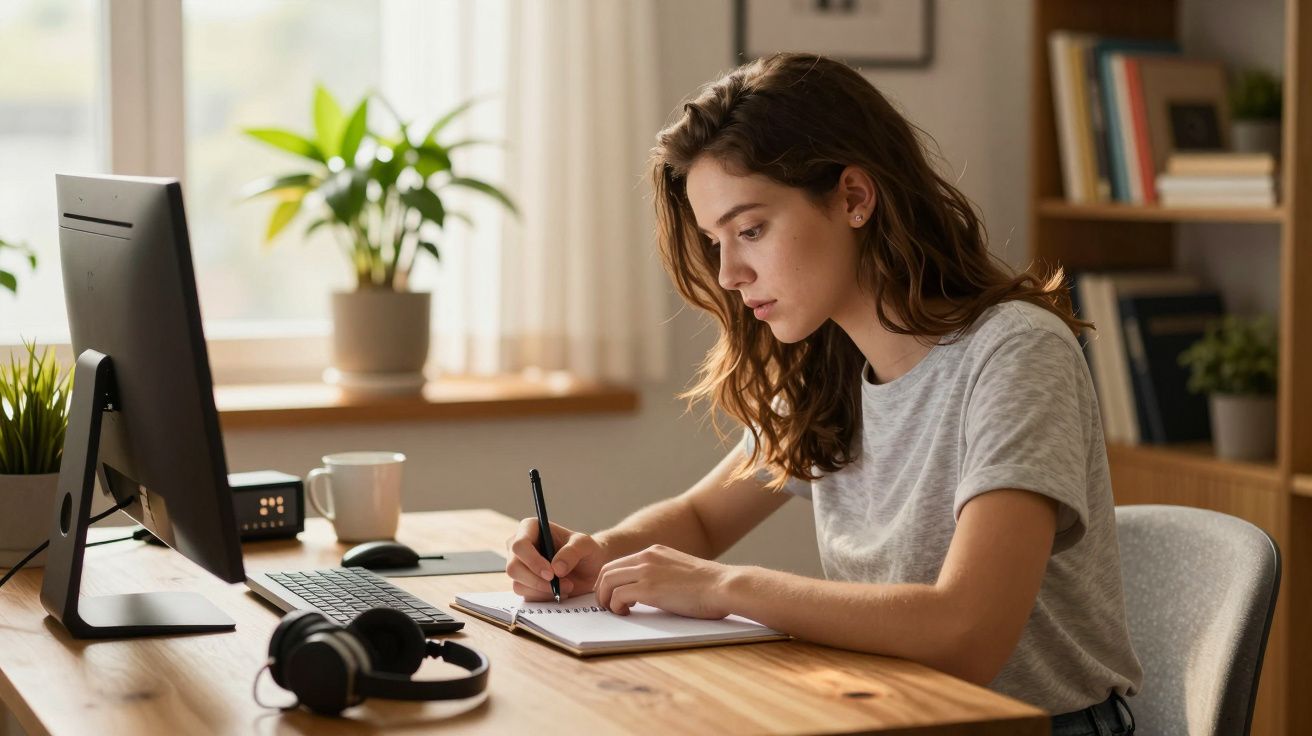 Jovem a estudar junto a computador, escrevendo num caderno. Mesa com plantas, chávena e auscultadores.