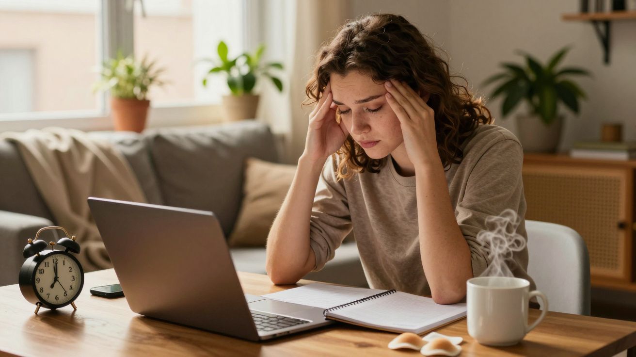 Mulher com expressão preocupada, sentada à mesa com um portátil, chávena de café e plantas ao fundo.