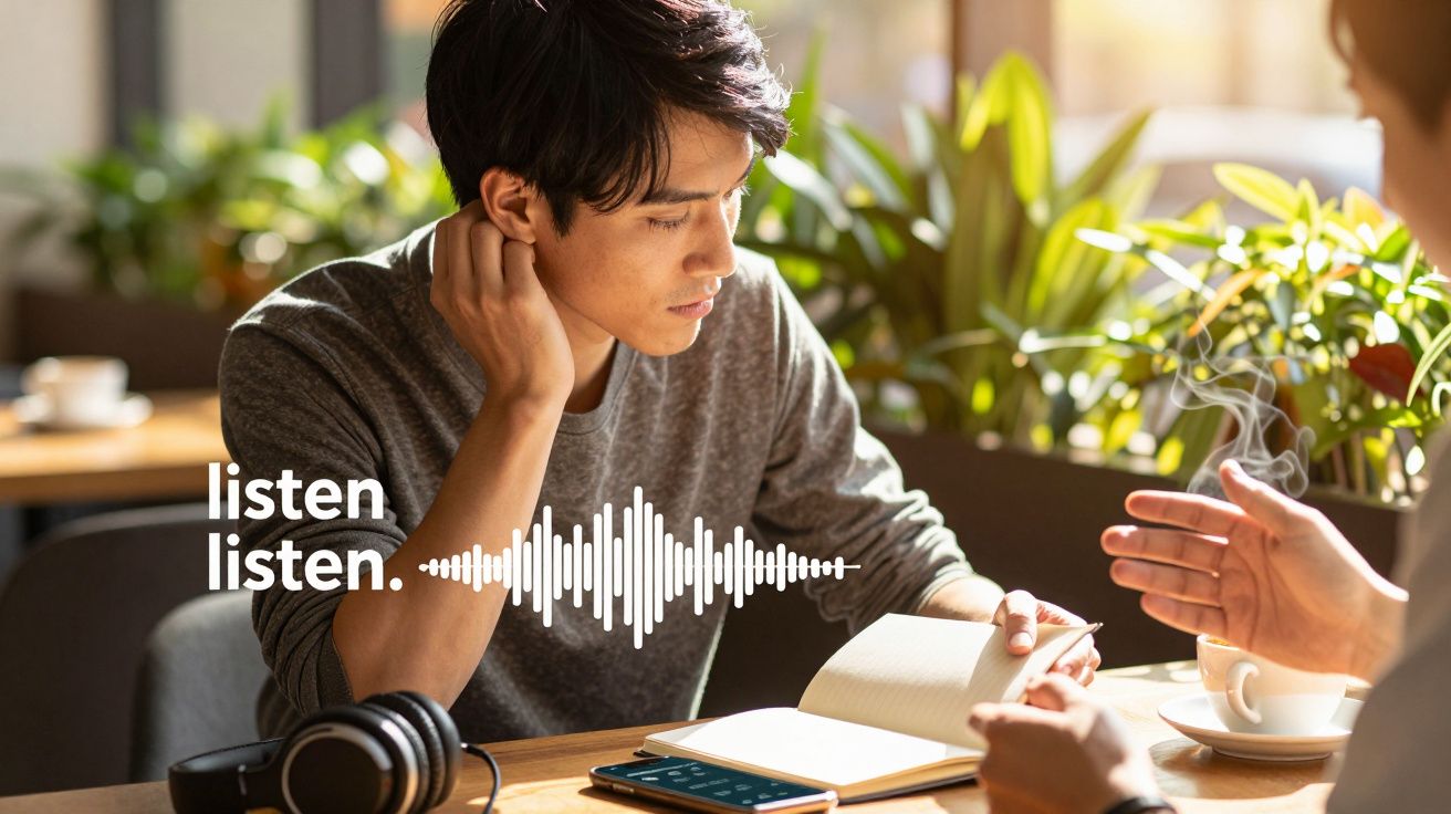 Jovem atento a ouvir, com livro aberto e auscultadores sobre a mesa de café, imagens sonoras e texto "listen".