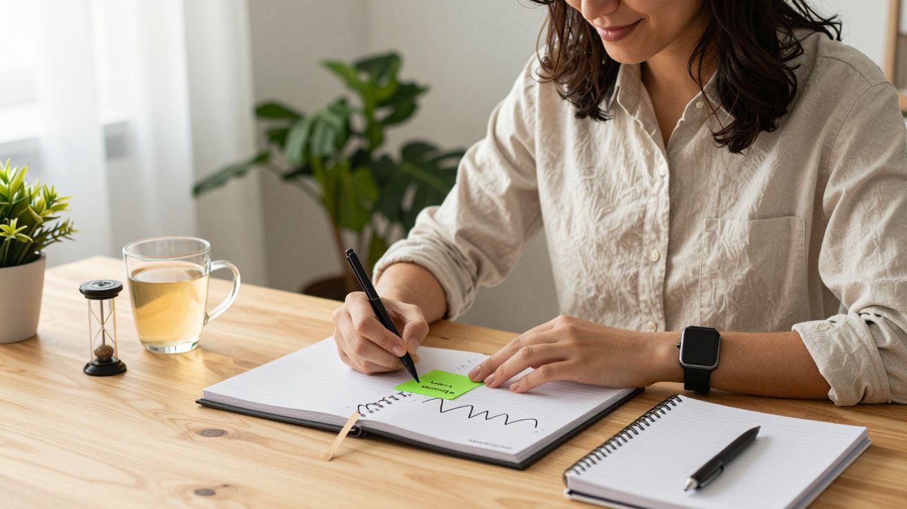 Mulher a escrever num caderno com caneta, chá e ampulheta na mesa, perto de uma planta.