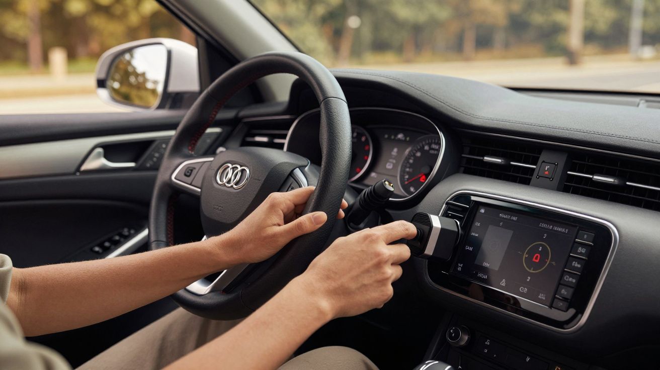 Pessoa a ajustar o controlo de temperatura num carro Audi, com painel de instrumentos e volante visíveis.