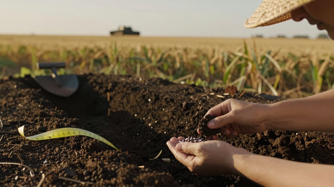 Mãos segurando sementes sobre solo fértil, com fita métrica ao lado, em campo agrícola ao pôr do sol.