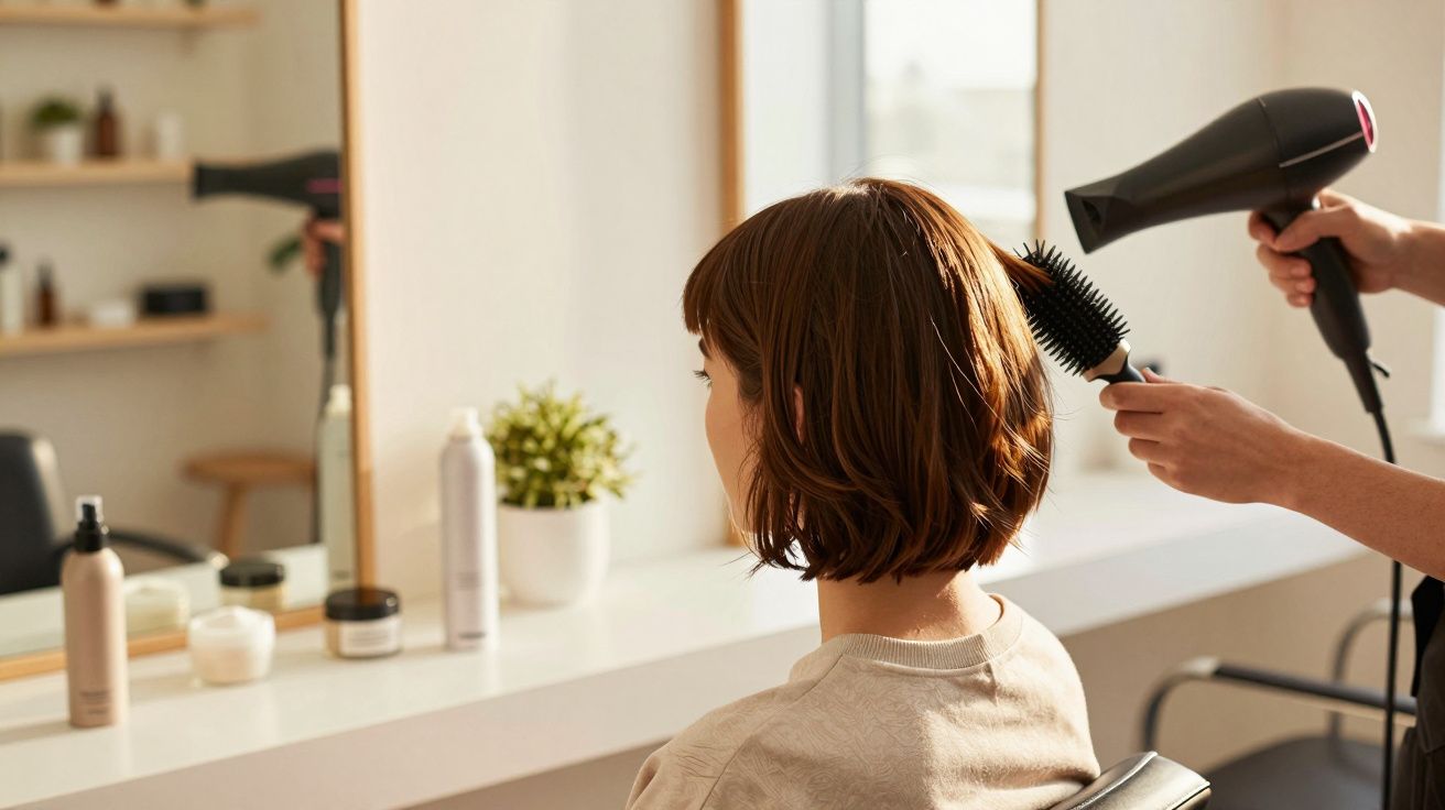 Pessoa é penteada e seca o cabelo com secador num salão de beleza moderno.