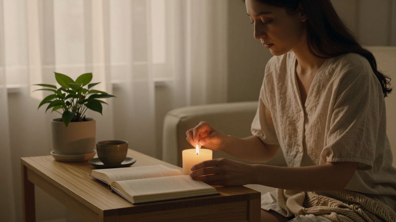 Mulher acende vela ao lado de livro aberto em mesa de madeira, com planta e chá, numa sala iluminada suavemente.