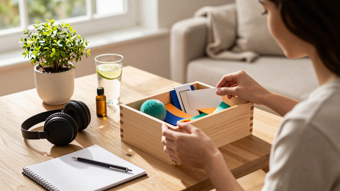 Mulher mexe em caixa de madeira com cartões coloridos, ao lado de auscultadores, caderno e planta numa mesa.