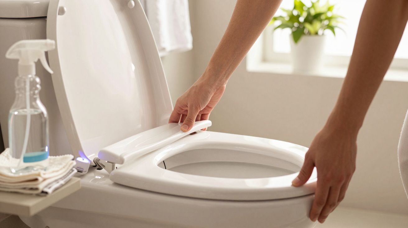 Pessoa instala um assento de sanita branco num WC bem iluminado, com produtos de limpeza e planta ao fundo.