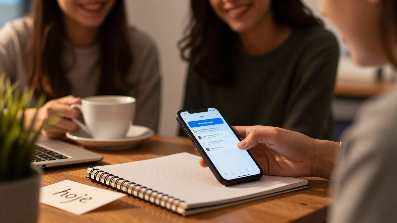 Pessoa segura telemóvel em mesa de reunião com portátil e caderno. Outras duas pessoas sorriem ao fundo.