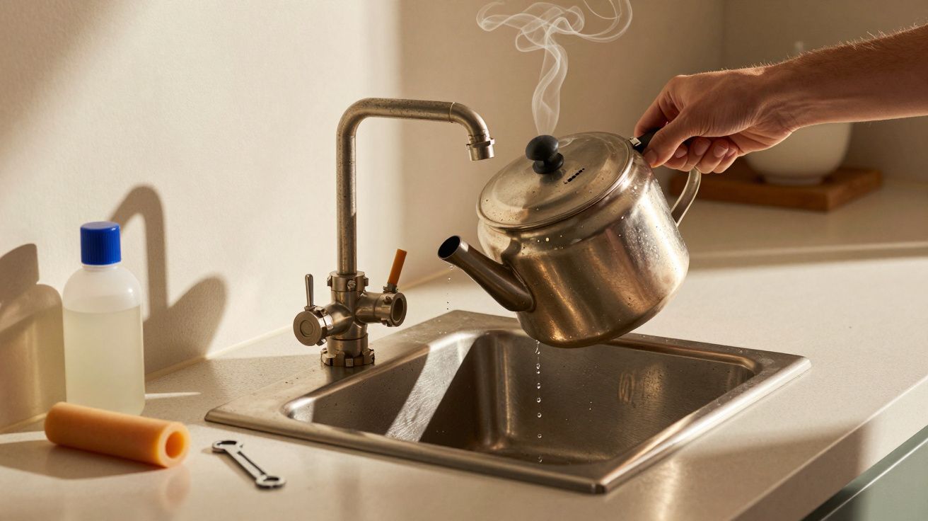 Chaleira a deitar vapor sobre uma pia de cozinha, ao lado de detergente e ferramentas.