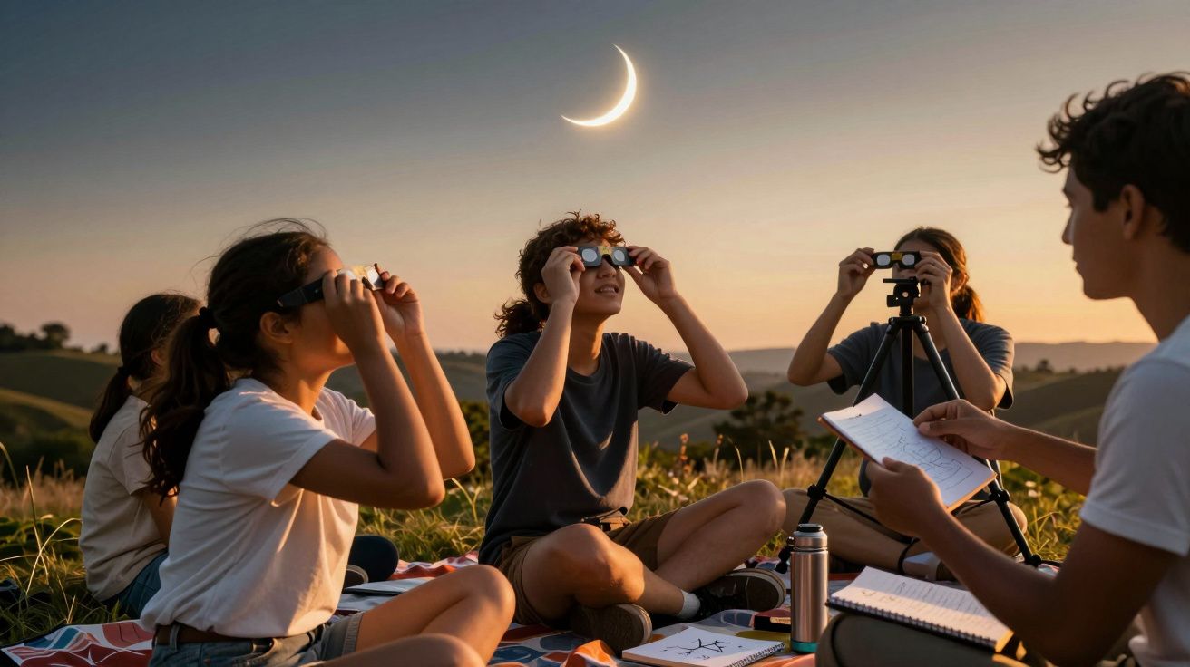 Grupo de jovens observando um eclipse solar, sentados numa colina ao pôr do sol, com binóculos e telescópio.