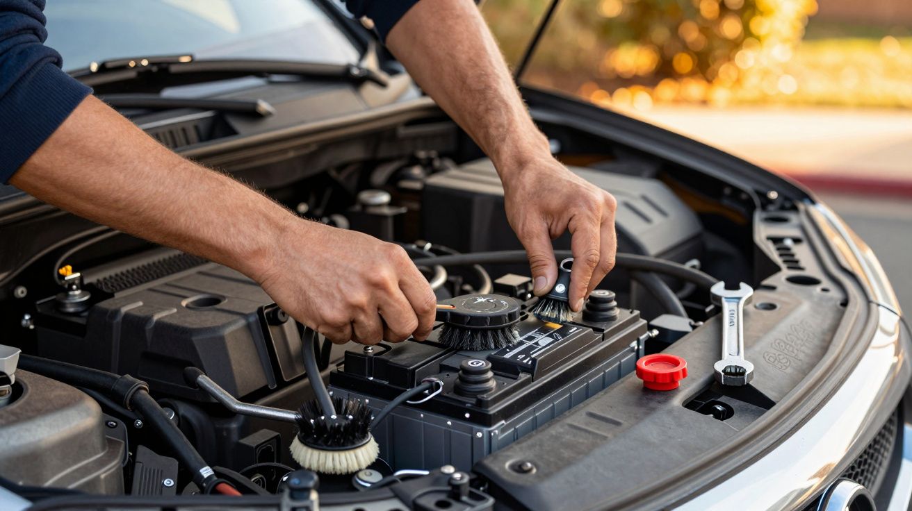 Mãos a ajustar componentes no motor de um carro com o capô aberto.