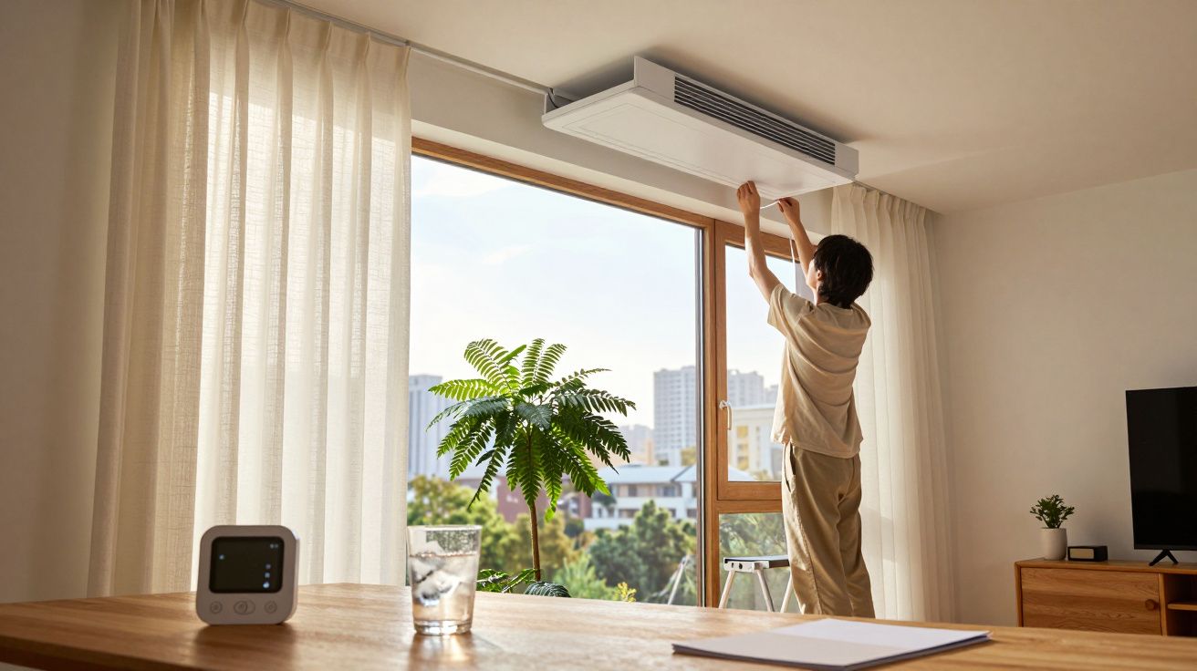 Pessoa ajusta ar condicionado no teto de sala moderna com janela grande e vista para prédios e árvores.