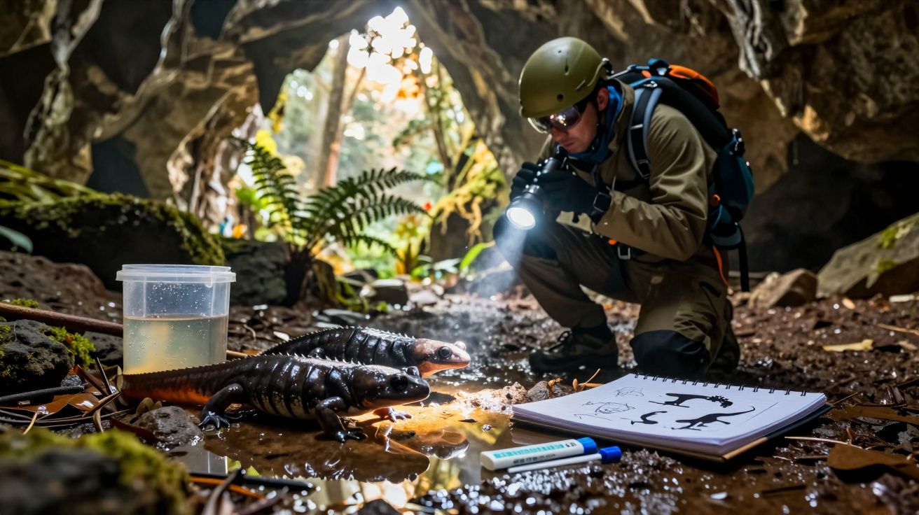 Investigador observa salamandras numa gruta, usando lanterna. Caderno aberto no chão com esboços de salamandras.