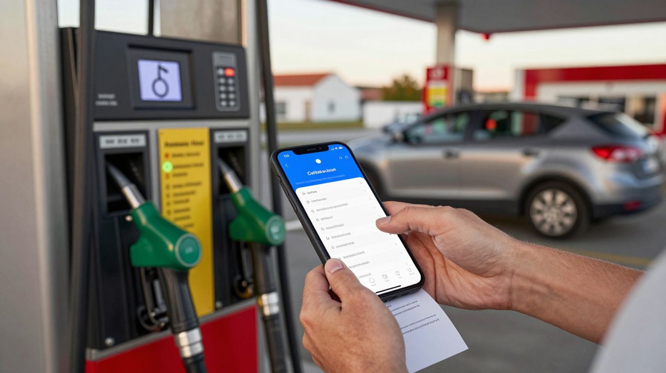 Pessoa a segurar um telemóvel com aplicação aberta junto a uma bomba de gasolina, com carro ao fundo.