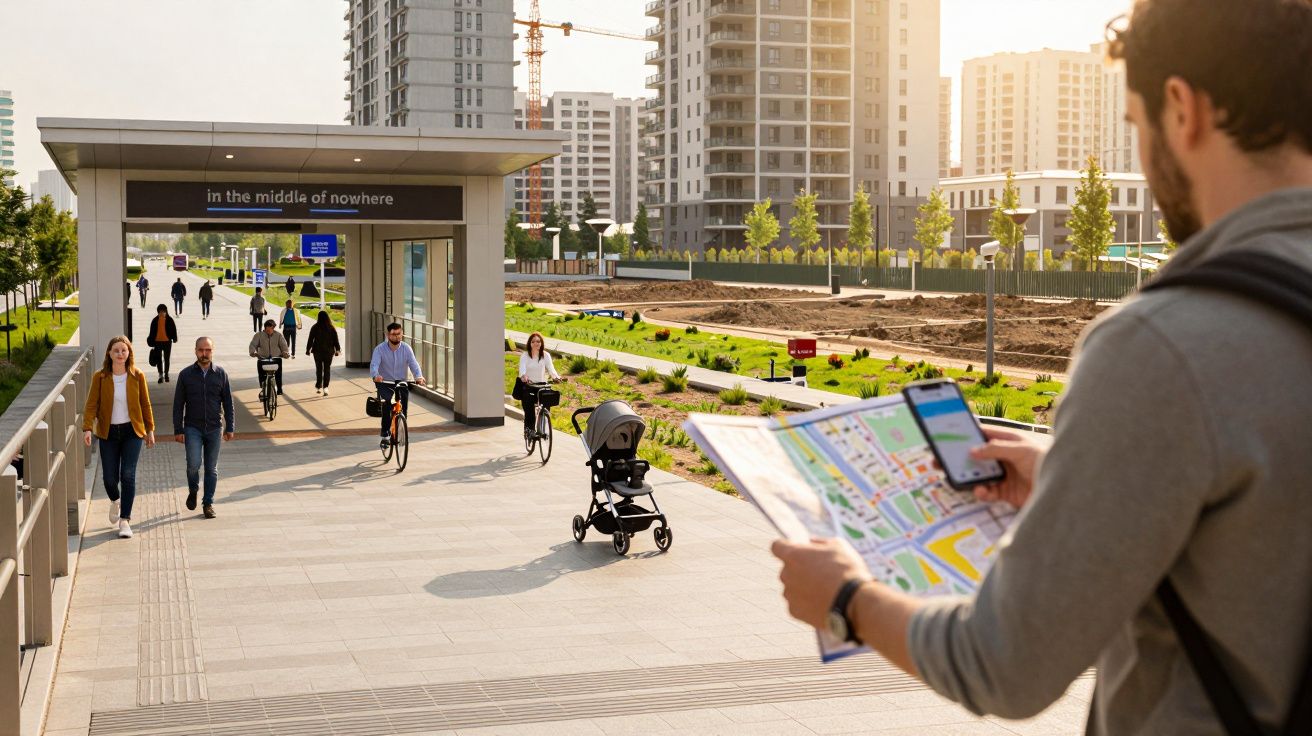 Homem com mapa e telemóvel observa ciclistas e peões em zona urbana, ao fundo edifícios e obras.