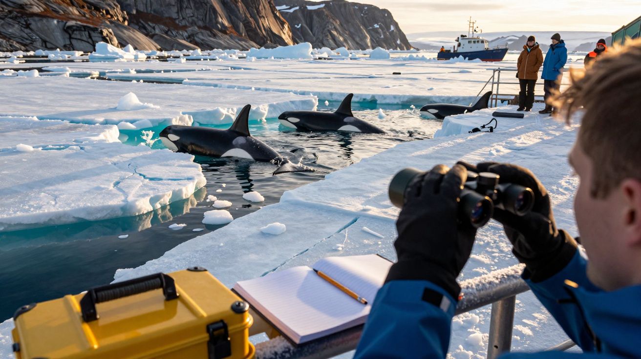 Homem observa baleias assassinas entre blocos de gelo com binóculos; barco e icebergues ao fundo.