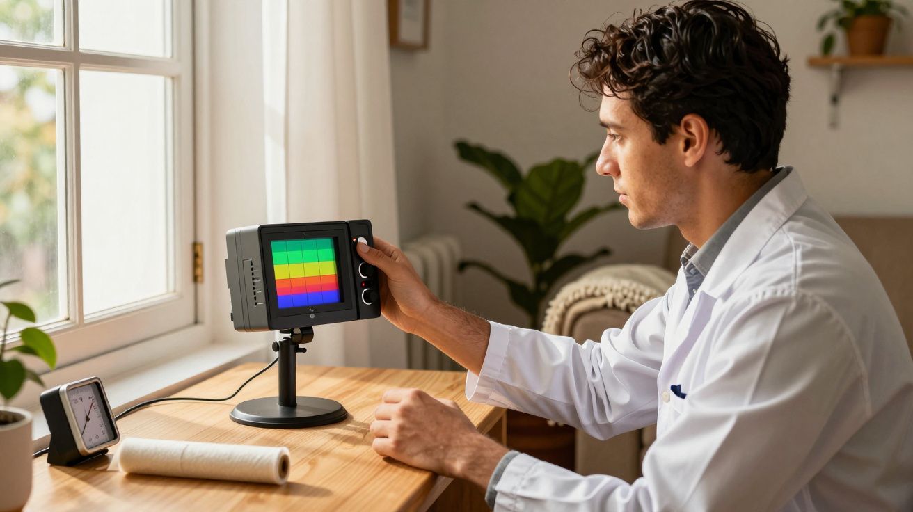 Homem em bata branca ajusta ecrã colorido numa secretária junto a janela iluminada.