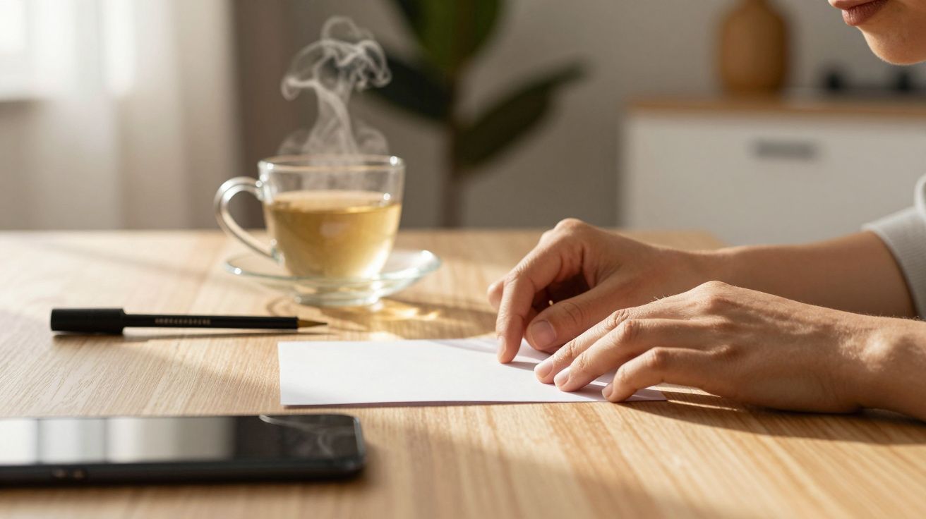 Mãos seguram papel sobre mesa de madeira, com chá quente, caneta e telemóvel ao lado.