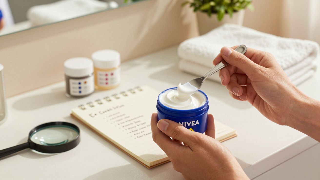 Mãos seguram um frasco de creme com uma colher. Ao fundo, toalhas, plantas e um bloco de notas sobre a mesa.