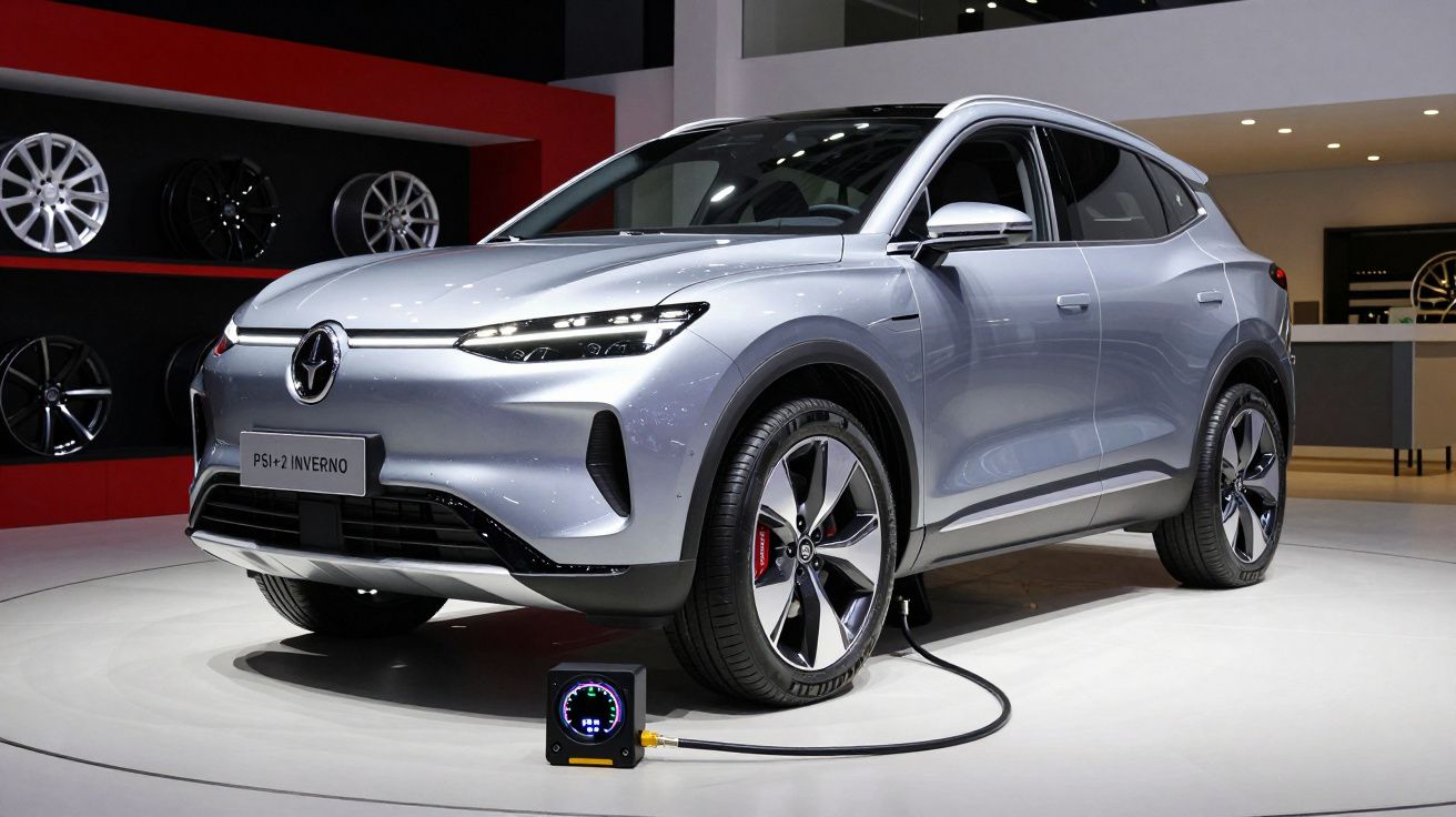 SUV prateado num salão automóvel, ligado a um carregador elétrico com fundo de jantes em exposição.