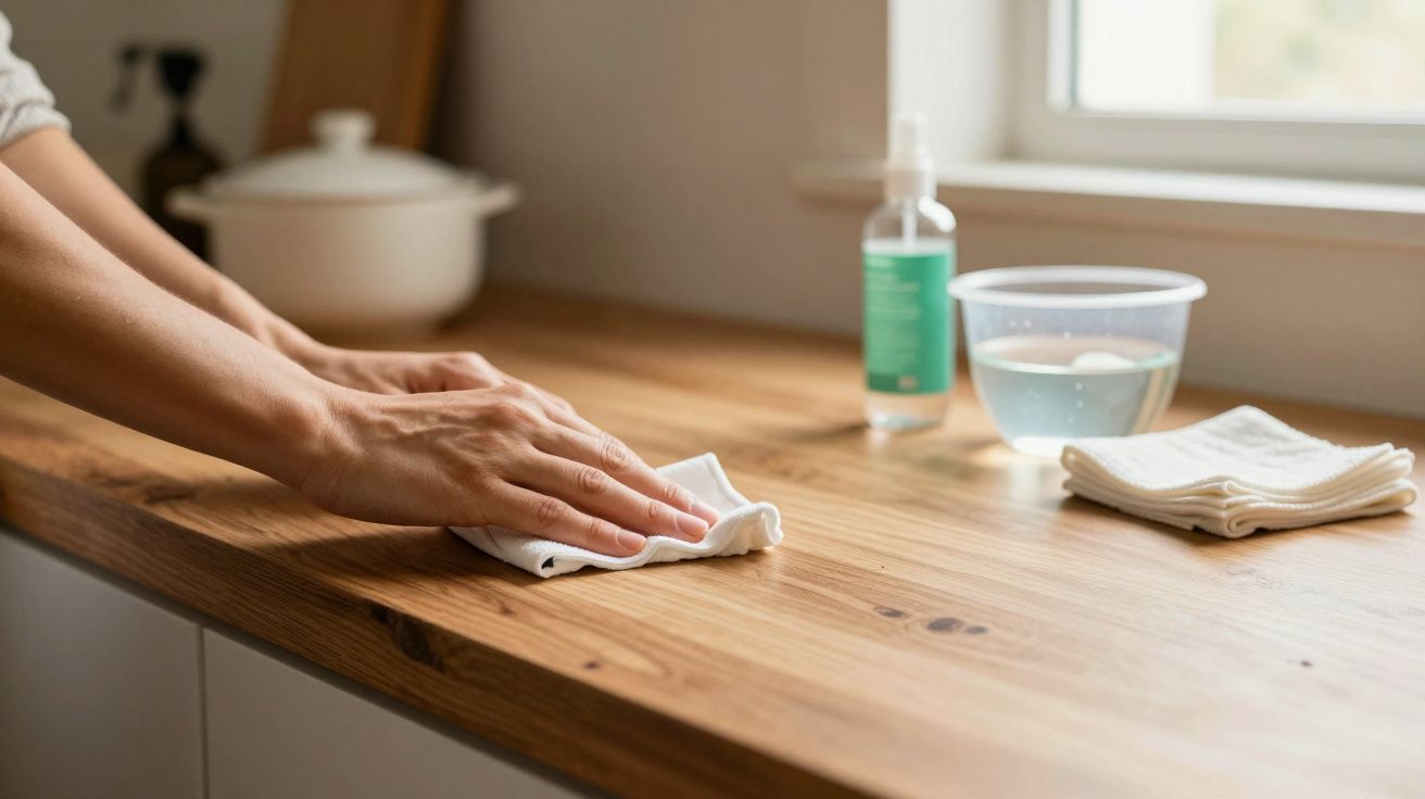 Mãos limpando bancada de madeira com pano branco, frasco e tigela com água ao fundo.