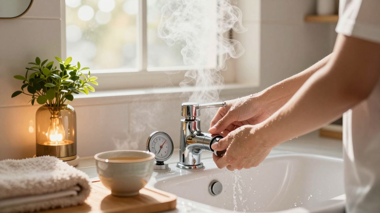 Pessoa a lavar as mãos com água quente numa casa de banho, vapor visível. Toalha branca e chávena ao lado.