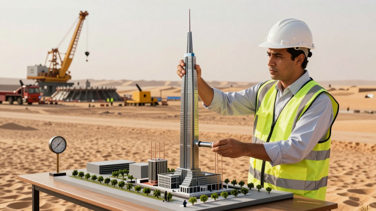 Homem com capacete e colete examina maquete de arranha-céus num deserto com grua e equipamentos ao fundo.