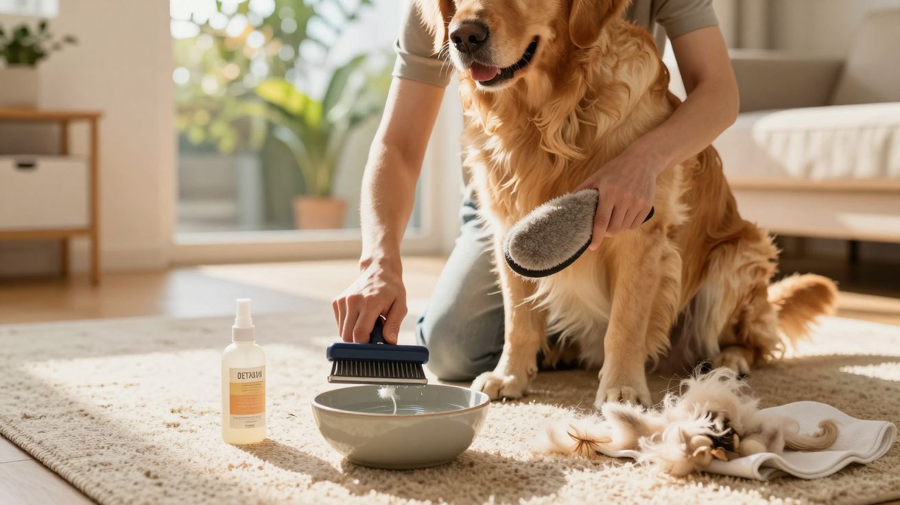 Pessoa a escovar um cão dourado com escova e produtos de higiene, numa sala iluminada pelo sol.