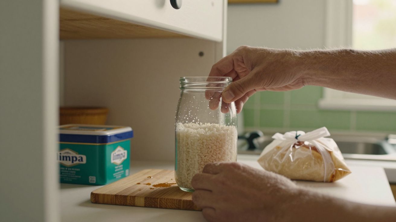 Mãos colocando arroz num frasco de vidro, com embalagem de arroz e caixa de limpeza ao lado, numa cozinha.