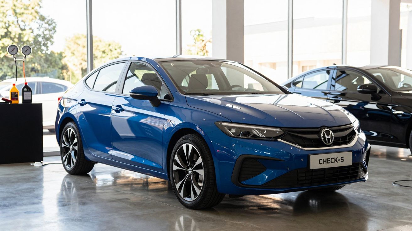 Carro azul em exposição numa sala iluminada, com vidros amplos ao fundo e outros veículos ao redor.
