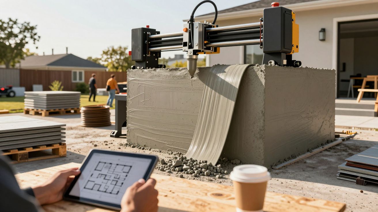 Impressora 3D de cimento em ação, com um tablet mostrando plantas ao fundo e uma chávena de café ao lado.