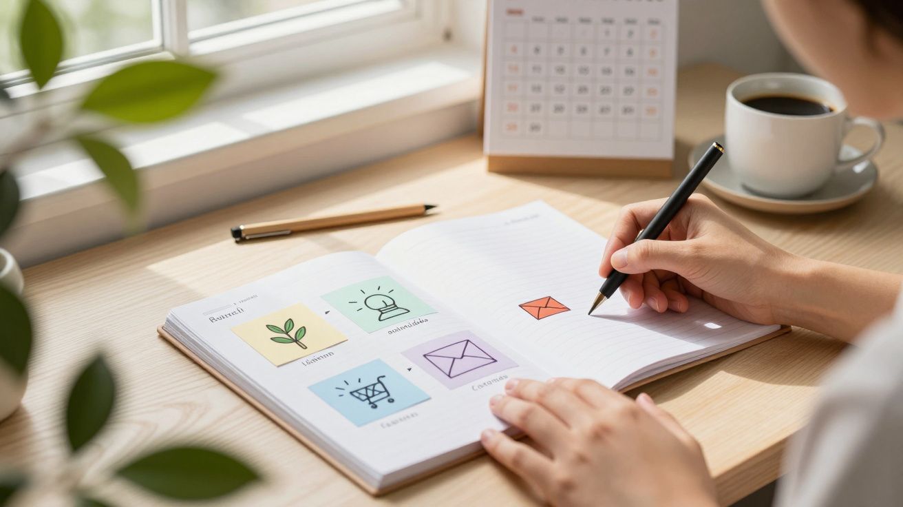 Pessoa escreve num caderno numa secretária, com calendários e chávena de café ao lado.