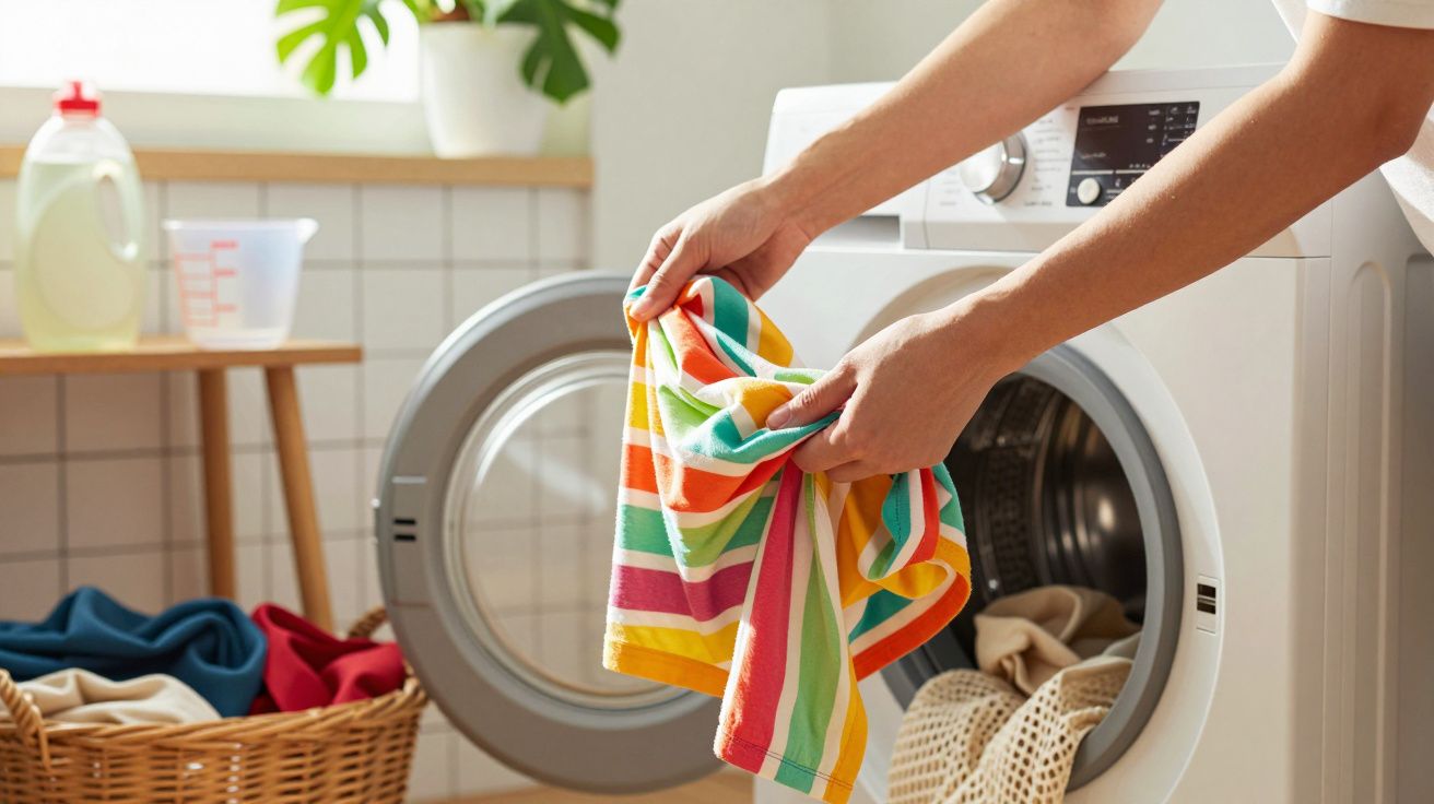 Pessoa coloca toalha de padrão colorido numa máquina de lavar roupa aberta, com cesto de roupa ao lado.