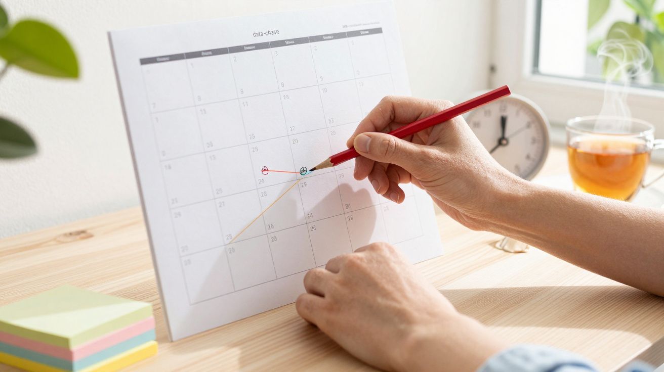 Pessoa marca uma data num calendário de mesa com um lápis vermelho. Chá e relógio ao fundo.