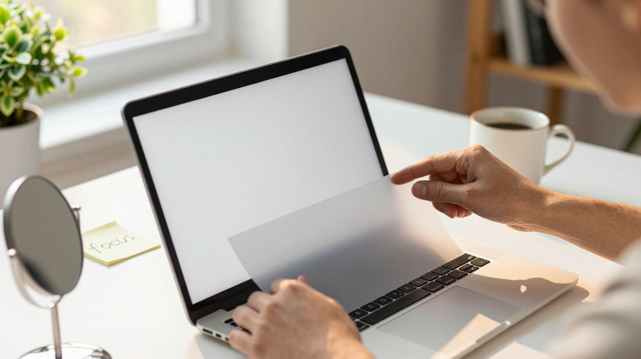 Pessoa coloca película de privacidade num portátil em secretária com planta, espelho e chávena de café.