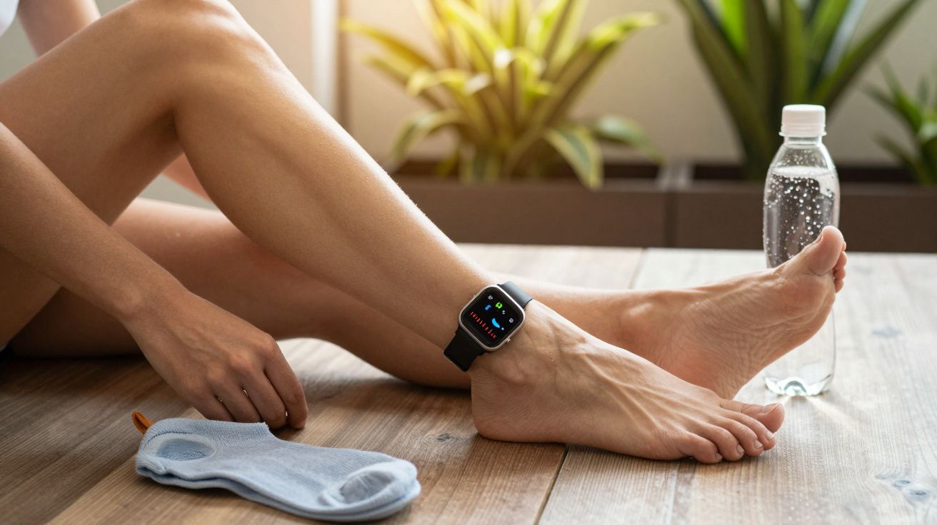 Pessoa com relógio inteligente no pulso, sentada no chão, ao lado de uma garrafa de água e meias, em ambiente iluminado.