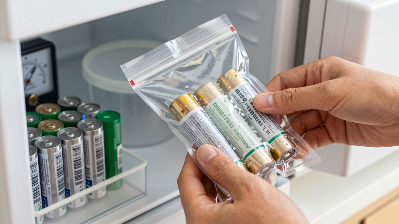 Mãos seguram saco de plástico com pilhas AA, junto a compartimento de frigorífico com mais pilhas armazenadas.