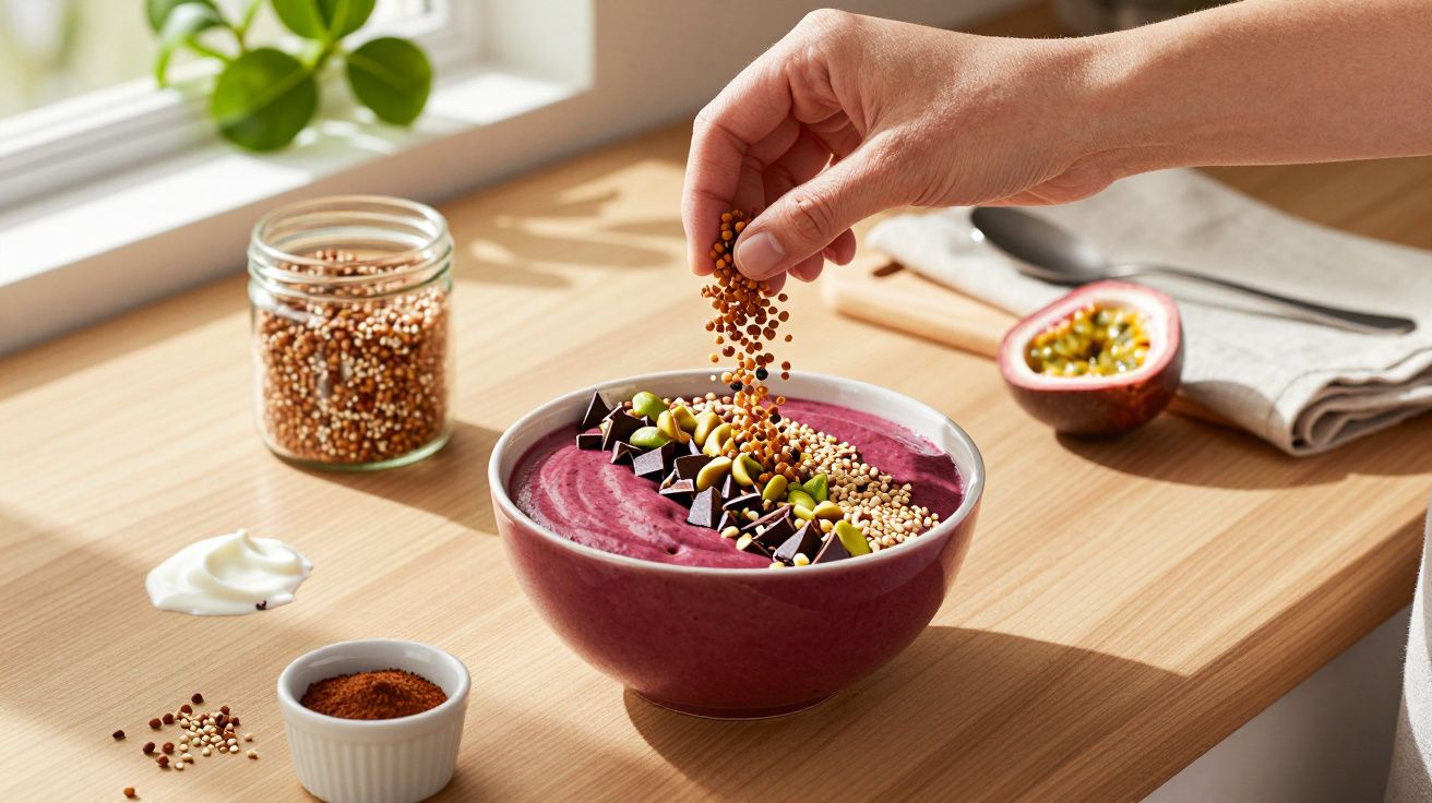 Mão a adicionar quinoa a uma tigela de smoothie roxo com chocolate, sementes e maracujá ao fundo.