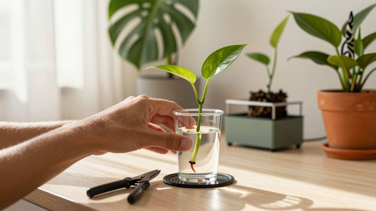 Mão segura planta a enraizar em copo de água numa mesa, com tesoura e outros vasos ao fundo.