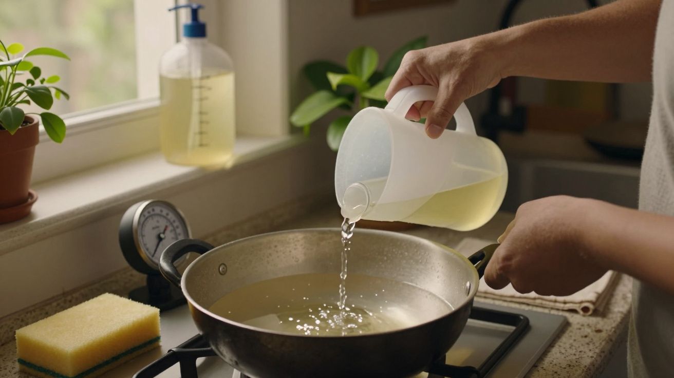 Pessoa a verter óleo numa frigideira em cima de um fogão, com plantas e utensílios de cozinha ao fundo.
