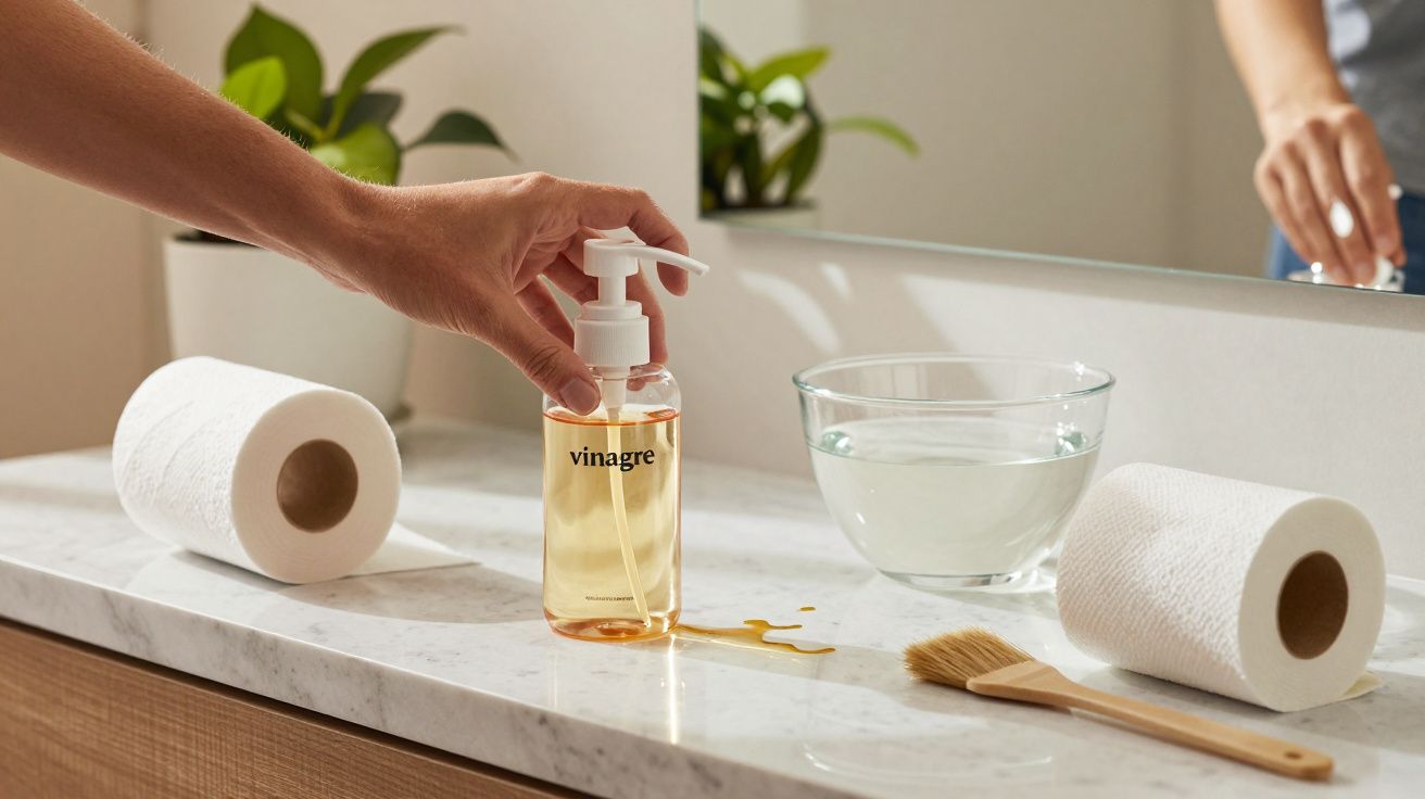 Mão segurando frasco de vinagre em balcão de casa de banho, ao lado de papel, tigela de água e pincel.