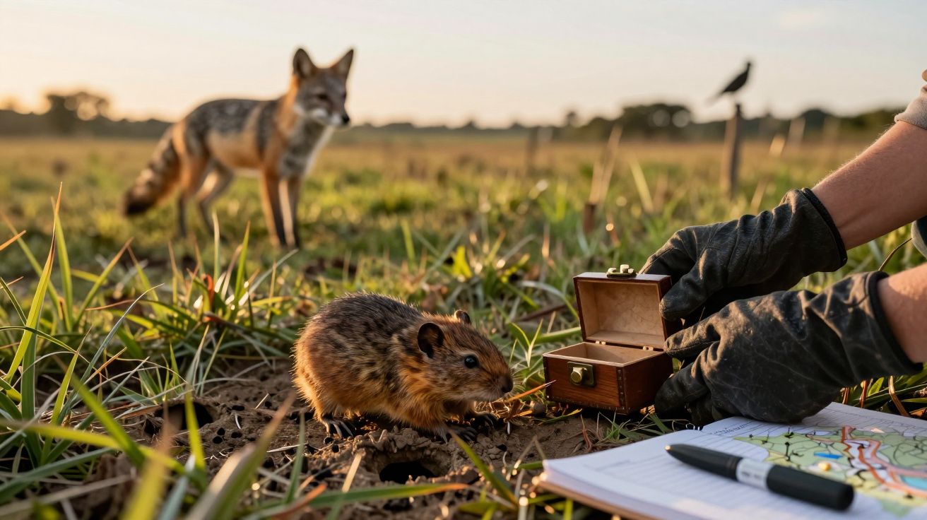 Rato em campo aberto, raposa ao fundo, mão com luva à direita, abre caixa ao lado de um mapa e caneta.