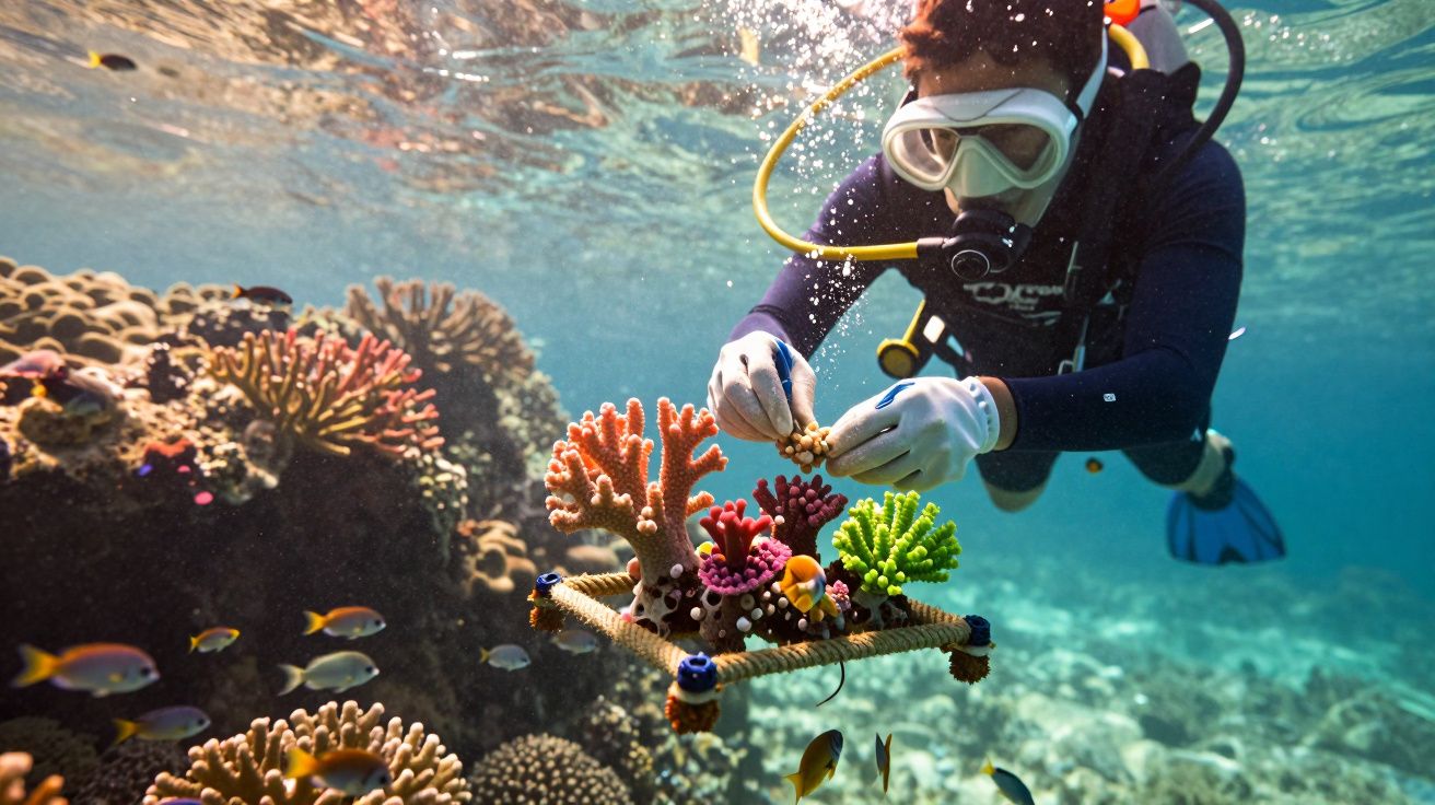 Mergulhador cuida de corais coloridos sob a água, cercado por peixes e recifes de coral num ambiente marinho vibrante.