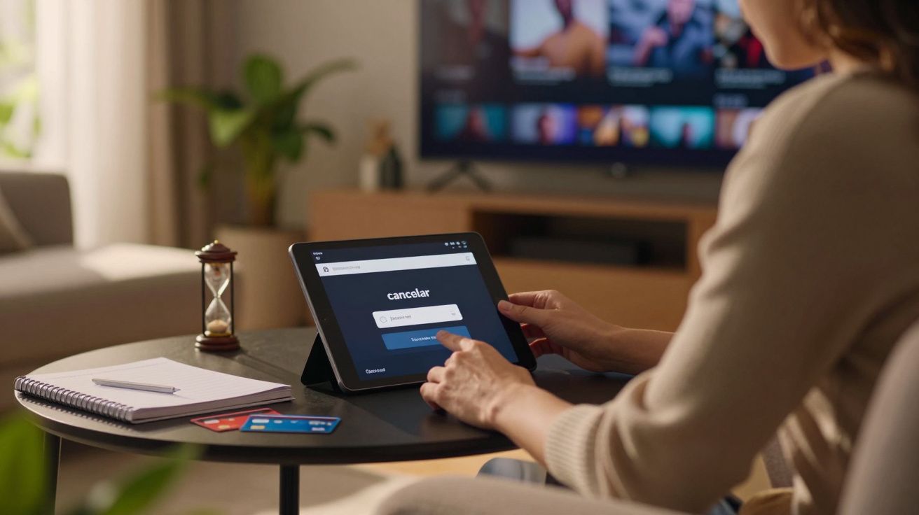 Mulher usando tablet na sala de estar com televisão ao fundo, caderno e cartões sobre a mesa.