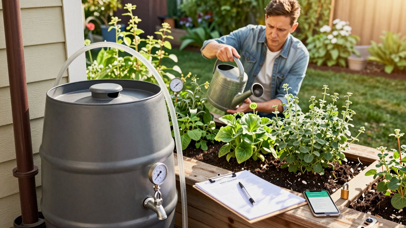 Homem a regar plantas num jardim com regador, ao lado de um barril, caderno e smartphone numa mesa.