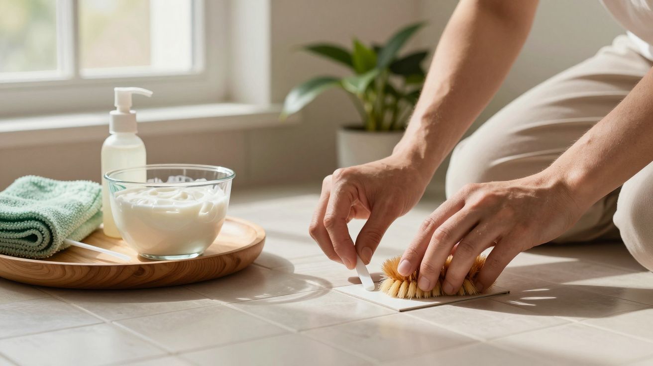 Mãos a limpar soalho com escova e detergente, perto de uma toalha verde e uma planta.