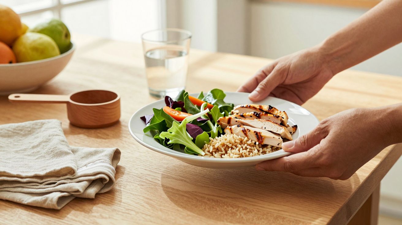 Pessoa a servir prato com frango grelhado, arroz e salada em mesa de madeira. Copo de água e fruta ao fundo.